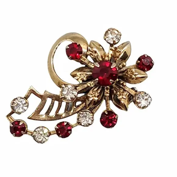 Vintage Gold Tone Floral Brooch Red Clear Stones Fleur-de-lis Statement No Mark - Picture 5 of 7